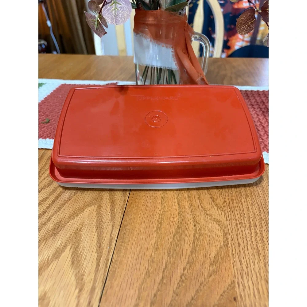 Vintage Tupperware Orange Rectangular Storage Container with Sheer Lid 816-14
